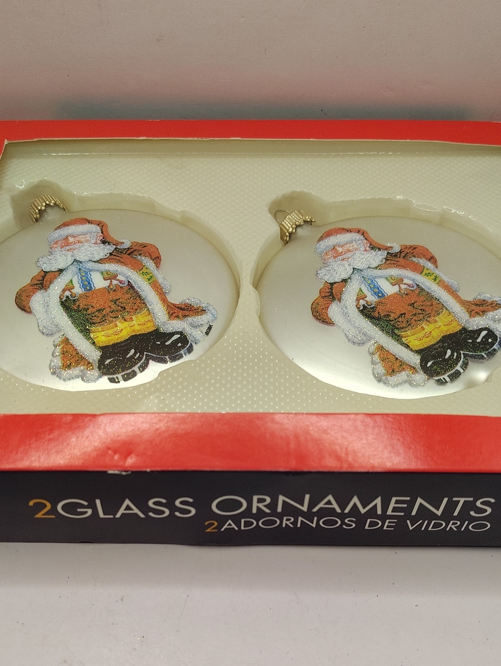 Vintage White Glitter Santa Glass Round Disc Style Ornaments - Set of 2